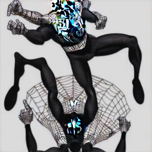 Image similar to book illustration of spiderman pointing at spiderman pointing at spiderman. book illustration, monochromatic, white background, black and white image