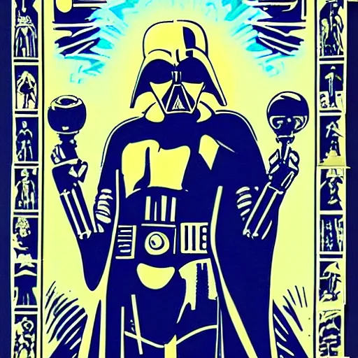 Image similar to tarot card portrait silkscreen of an angry futuristic star wars architect