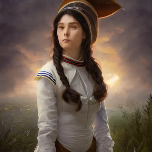 Image similar to epic portrait an woman wearing sailor uniform, digital painting, artstation, concept art, soft light, hdri, smooth, sharp focus, illustration, fantasy, intricate, elegant, highly detailed, D&D, matte painting, in the style of Greg Rutkowski and Alphonse Mucha and artemisia, 8k, highly detailed, jurgens, rutkowski, bouguereau, pastoral, rustic, georgic, detailed concept art, illustration, colorful pastel, painting, detail, ultra detailed, digital art, 4K,