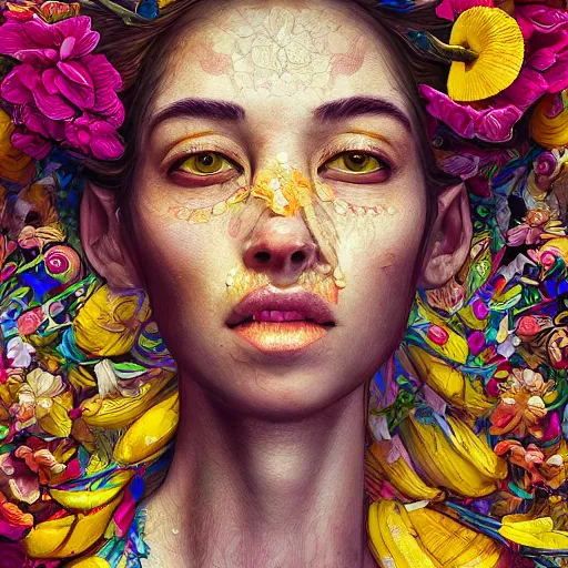 Prompt: the portrait of an absurdly beautiful, graceful, elegant, and wise woman made of bananas and petals, an ultrafine detailed illustration by kim jung gi, irakli nadar, intricate linework, bright colors, final fantasy, behance contest winner, angular, unreal engine 5 highly rendered, global illumination, radiant light, detailed and intricate environment