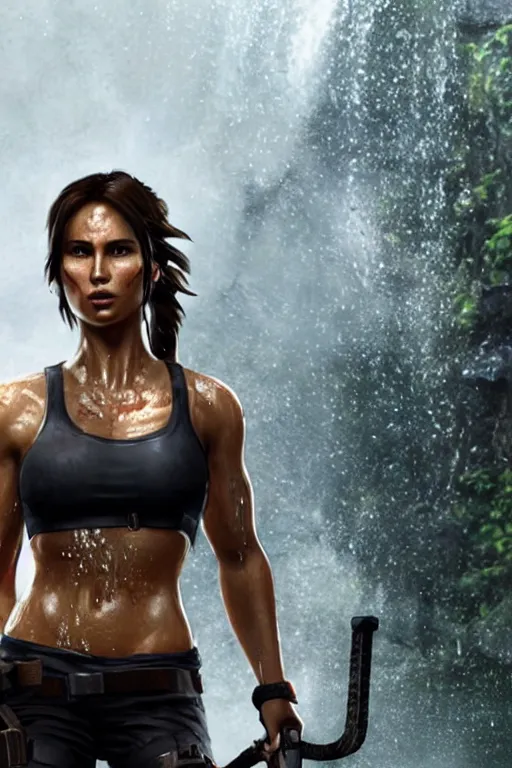 Image similar to a film still of lara croft, close up face detail, muscular, drenched body, photography, wet dripping hair, emerging from the water