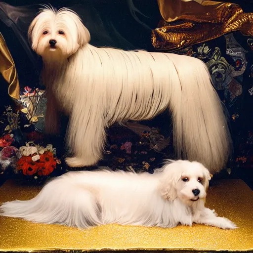 Image similar to a cream - colored havanese dog lying on top of a large plastic sequined horse, a renaissance painting in the background, photo by david lachapelle, behance, transgressive art, freakshow, official album art