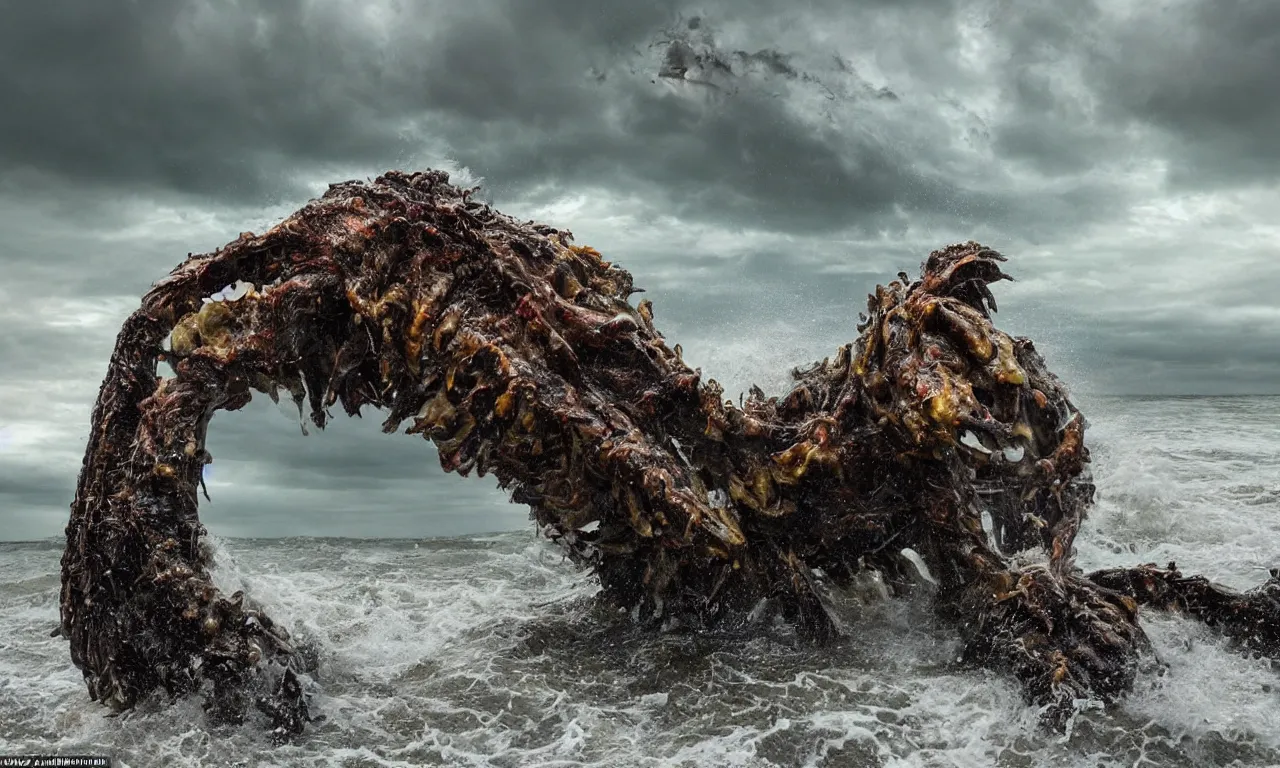 Image similar to a gigantic monster that looks like a mixture of monkfish with crocodile limbs, wet and slimy with a very large mouth, is coming out of the sea dragging its enormous weight with effort on a beach, there are people fleeing in terror, photo-realistic, stormy sky, photo by national geographical