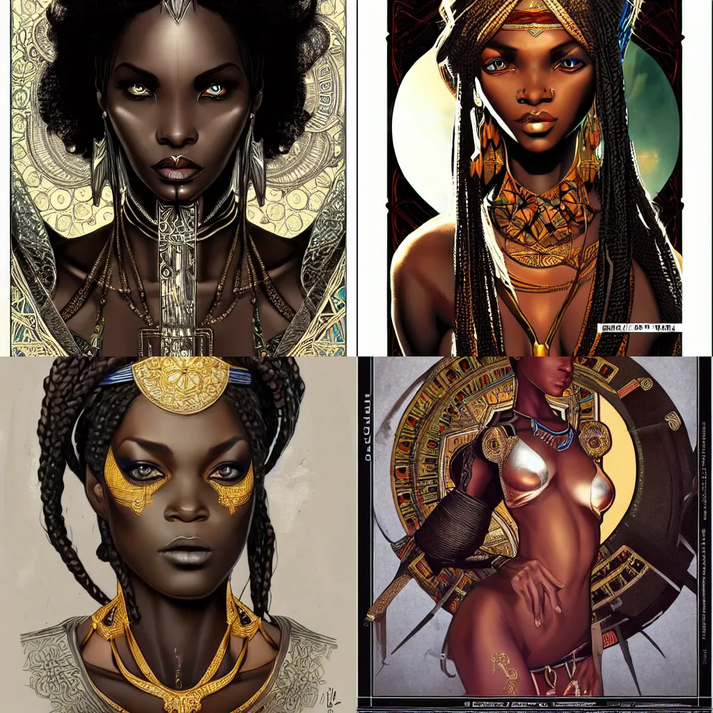 Prompt: black african princess, symmetric, intricate, highly detailed, concept art, sharp focus, rutkowski, mucha, aleksi briclot