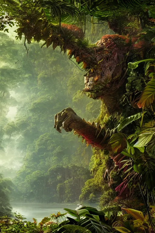 Image similar to a giant plant in the exotic jungle, landscape, alex ross, giga, david finch, concept art, matte painting, highly detailed, rule of thirds, dynamic lighting, cinematic, detailed, denoised, centerd