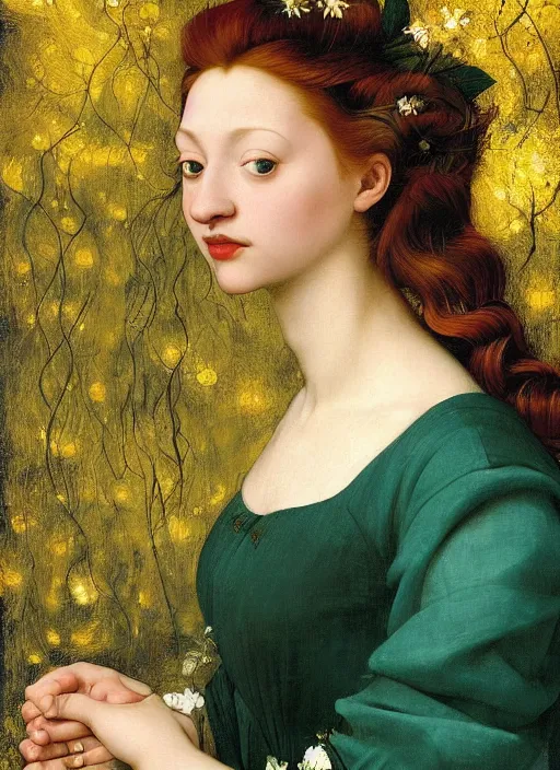 Prompt: a happy a young woman wearing a sophisticated dress, among the lights of golden fireflies and nature, long loose red hair, intricate details, green eyes, freckles on the nose, round gentle face, full figure portrait, golden ratio, high contrast, photorealistic digital art by artemisia lomi gentileschi and caravaggio and tomacz alen kopera.