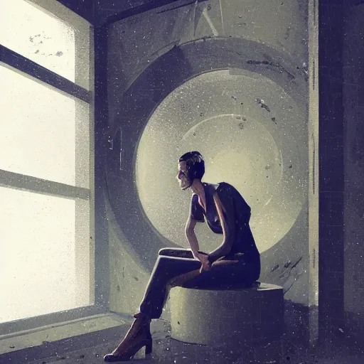 Image similar to concept art by greg rutkowski, a very tall, and slender woman, wearing utilitarian jumpsuit, sitting in the giant washing machine with circle window, brutalist futuristic interior, dark lighting atmosphere, detailed portraits, nostalgic atmosphere, scifi, digital painting, artstation, concept art, smooth, sharp foccus ilustration, artstation hq