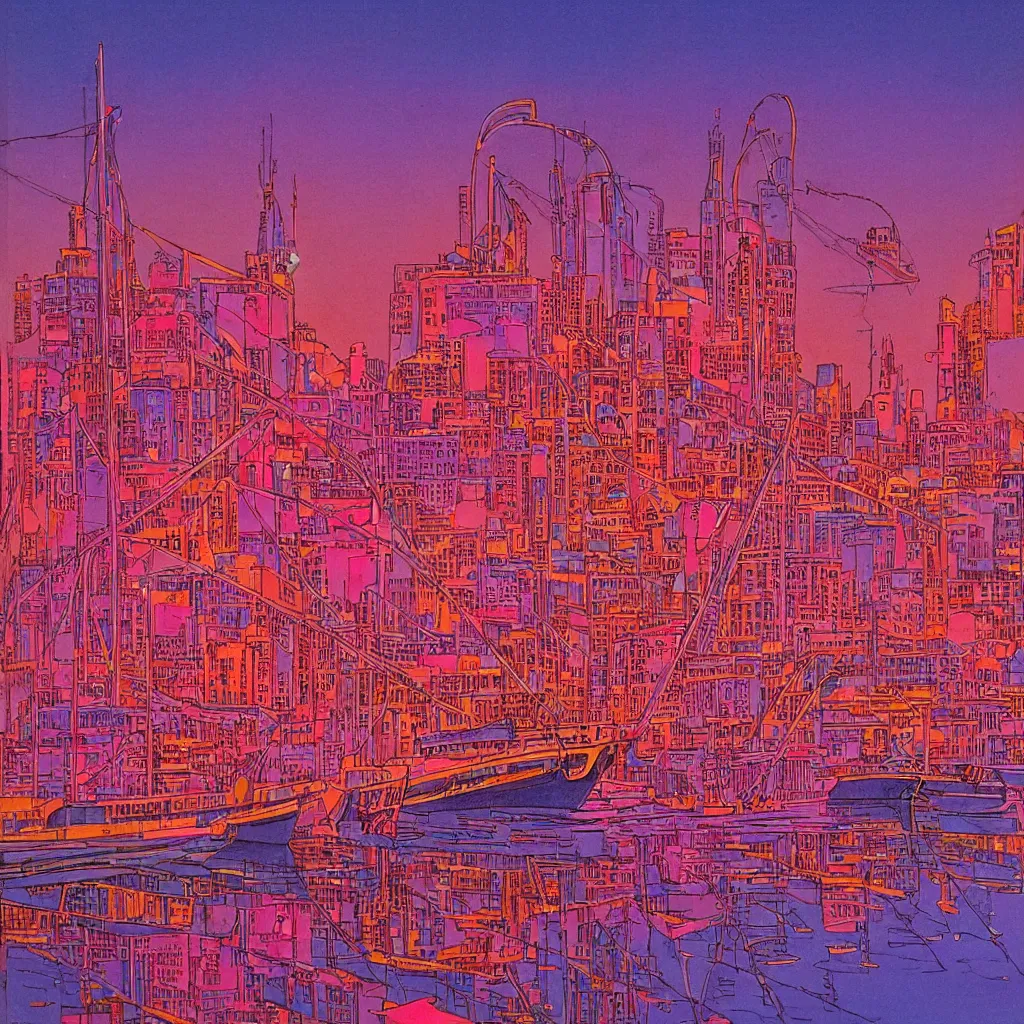 Prompt: the city lights were bright pink and orange and shone overhead. the harbour looked beautiful the sun reflecting off of the water and the neon lights of the city gave of a warm feeling, a fishing boat in first plan, by moebius