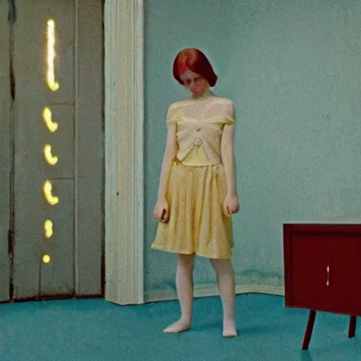 Prompt: an ivory girl in an soviet golden liminal abandoned room, film still by wes anderson, depicted by david lynch, limited color palette, very intricate, art nouveau, highly detailed, lights by hopper, soft pastel colors