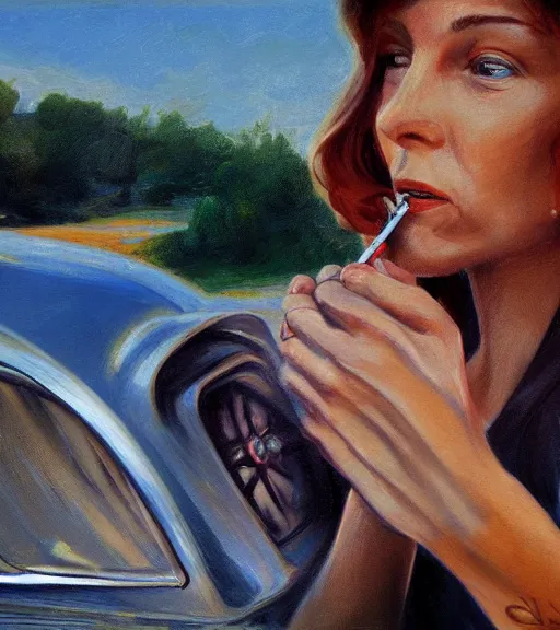 Image similar to high quality high detail painting by alberto mielgo and jaime jones, woman smoking in a car, hd