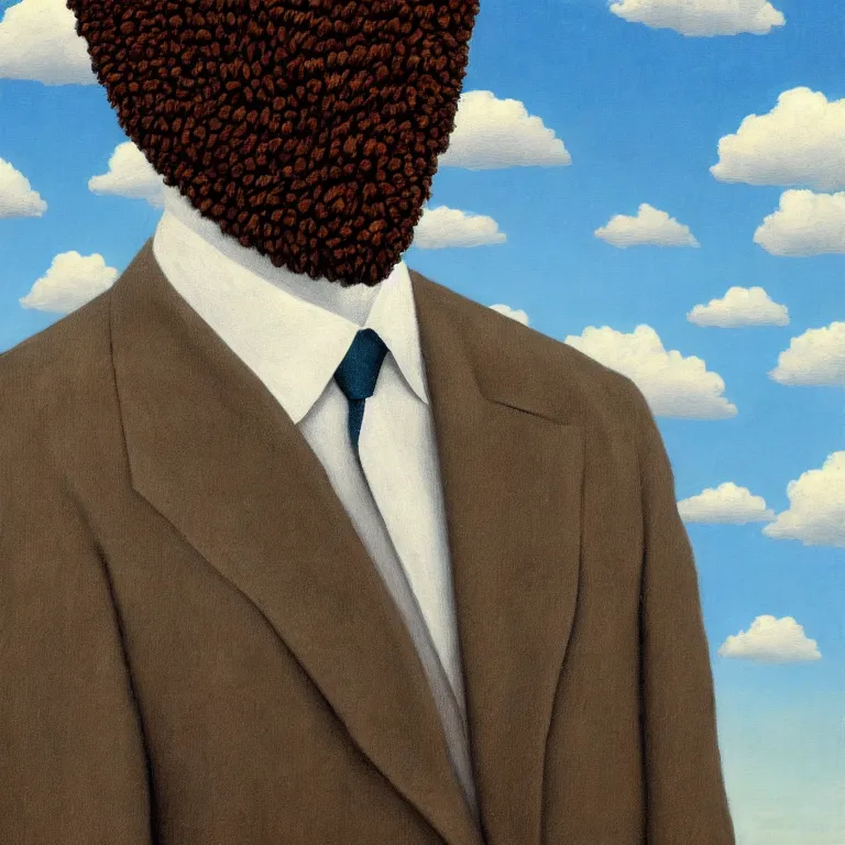 Image similar to portrait of a faceless burlap sack - head man in a suit, clouds in the background, by rene magritte, detailed painting, distance, centered, hd, hq, high resolution, high detail, 4 k, 8 k