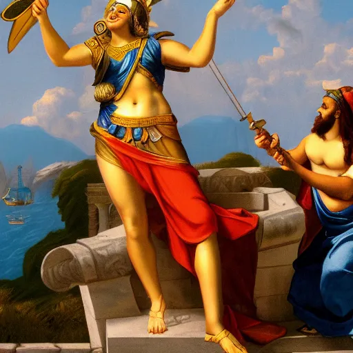 Image similar to photo of the goddess athena talking with odysseus, laughing and nodding, photorealistic, prizewinning photo, ultradetailed, cloudy day lighting