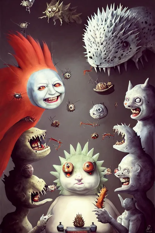 Image similar to hieronymus bosch, greg rutkowski, anna podedworna, painting of two white haired catgirls, a small fat blue godzilla, a pickle in a suit and tie, a cybernetic fox woman, a woman with one eye, a small hedgehog, a man with a shrimp for a head, all laughing at a vampire clown with red hair