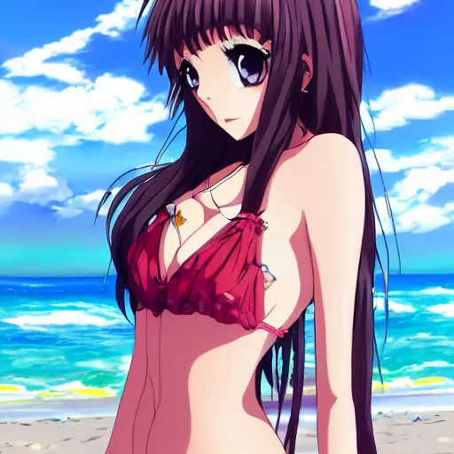 Prompt: sultry anime girl at the beach, key anime visual, portrait, pixiv