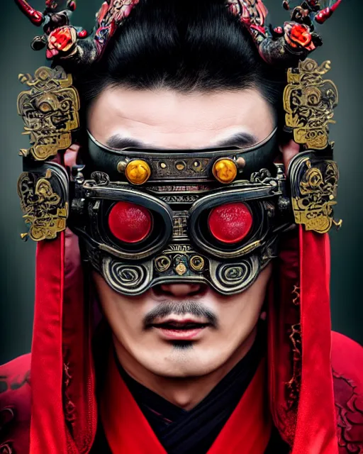 Prompt: photo of a Dramatic angry Peking Opera male character with painted face wearing MadMax style steampunk goggles and accessories in the style of stefan kostic, realistic, sharp focus, symmetric, 8k high definition, insanely detailed, intricate, elegant, art by stanley lau and artgerm, William-Adolphe Bouguereau