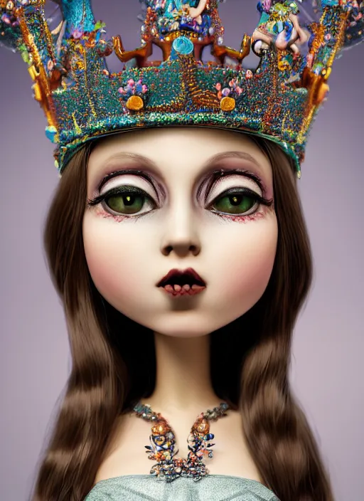 Prompt: closeup face profile portrait of a tin toy fairytale goth princess wearing a crown eating cakes, bikini, depth of field, zeiss lens, detailed, symmetrical, centered, fashion photoshoot, by nicoletta ceccoli, mark ryden, lostfish, breathtaking, 8 k resolution, extremely detailed, beautiful, establishing shot, artistic, hyperrealistic, octane render