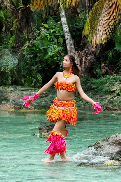 Prompt: female fashion model hula dancer strolling through water, flower neckless and palm skirt flower ankle braclet by famous photographer