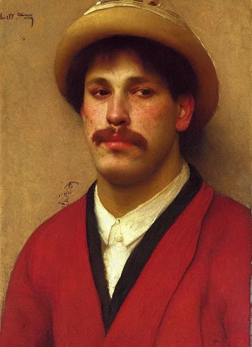 Prompt: portrait of a handsome latino man by thomas cooper gotch and franz xaver kosler, pre raphaelite, oil on canvas