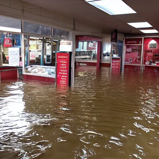 Prompt: a flooded butcher shop, where's wally