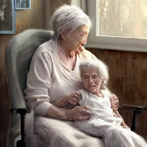 Image similar to epic cinematic hyperrealism masterpiece where a very old woman appears sitting on a rocking chair hugging a 3 year old girl both are white. realistic poster with shaded lighting by craig mallismo, artgerm, jeremy lipkin and michael garmash, unreal engine, radiant light, detailed and complex environment, digital art, art station trends