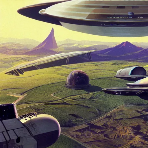 Prompt: A beautiful matte painting of a sci-fi space station with a lush grassy field and agriculture by Syd Mead, aerial view, spaceships in the sky, Mass Effect, Science Fiction