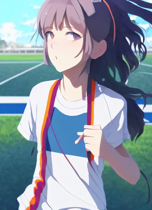 Prompt: portrait of cute high school runner girl, sunny sky background stadium landscape illustration concept art anime key visual trending pixiv fanbox by wlop and greg rutkowski and makoto shinkai and studio ghibli and kyoto animation symmetrical facial features short down hair sports clothing marathon race nike shirt