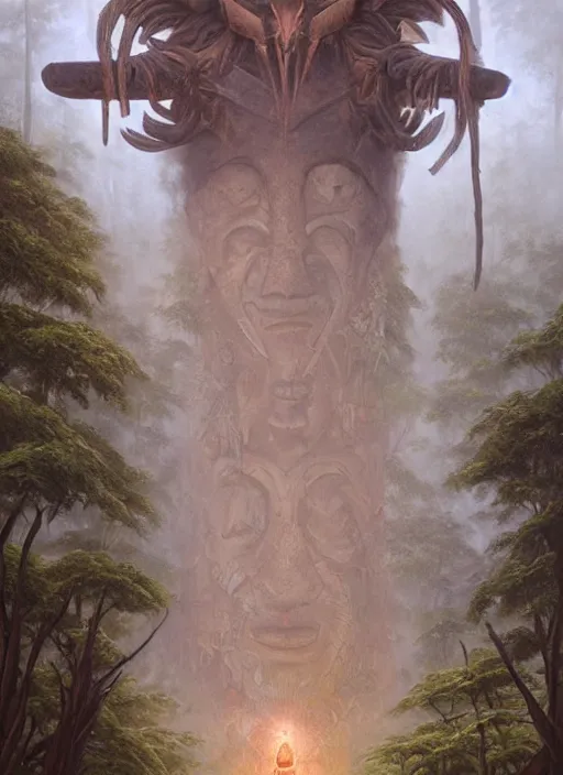 Image similar to a totem in the jungle surrounded by mist, swith faces of ancestors in the mask wearing tribal masks, hyper detailed, art by christophe vacher