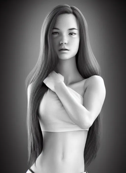 Prompt: full body portrait of a beautiful young woman in black and white, photorealistic, hair down to waist, sharp focus, in the style of Kevin Kostic, Stephen Lau and artgerm, hyper sharp focus, 8k highly detailed