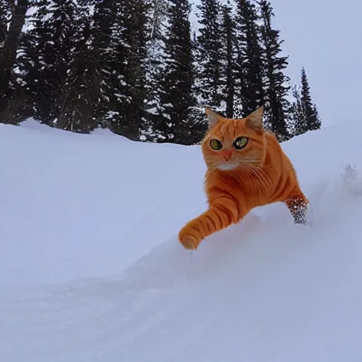 Prompt: a fully orange tabby cat skiing