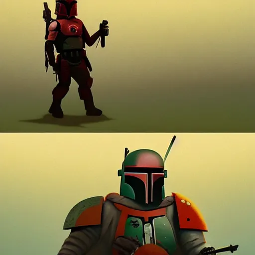 Image similar to Boba fett as a sith warrior artwork by Simon stalenhag