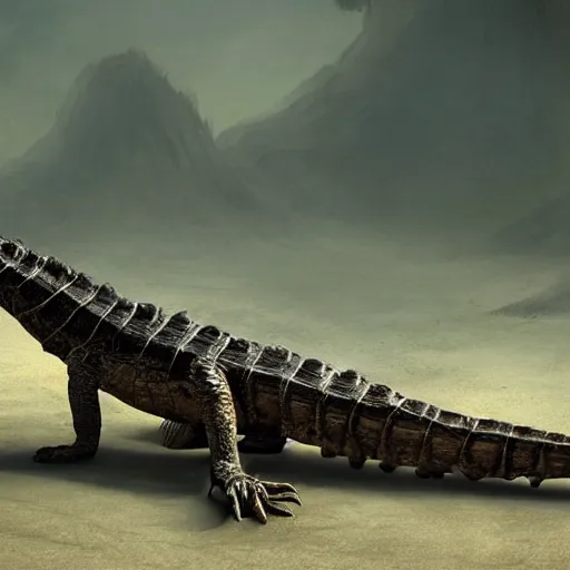 Image similar to a mummified crocodile, fantasy art, cinematic lighting