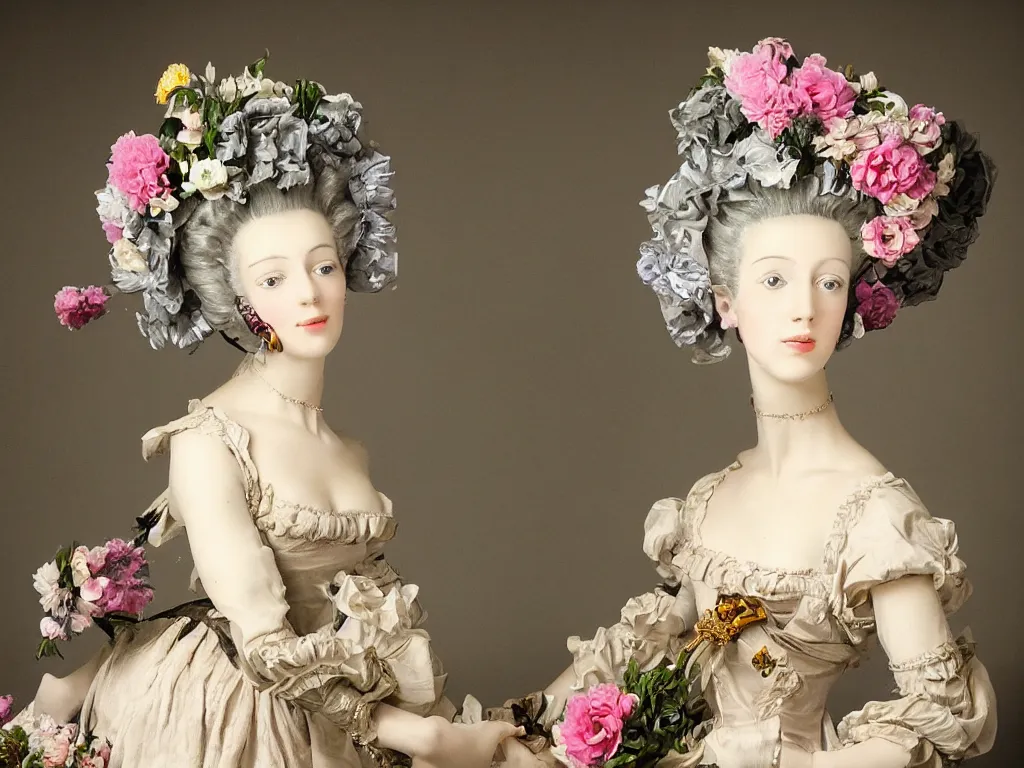 Prompt: robotic mechanic marie antoinette beautiful young woman with baroque wig with flowers,