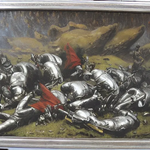 Prompt: oil painting of a ground covered in medieval silver soldier corpses, war, storm dawn, by Frank Frazetta, by Georgia O Keeffe