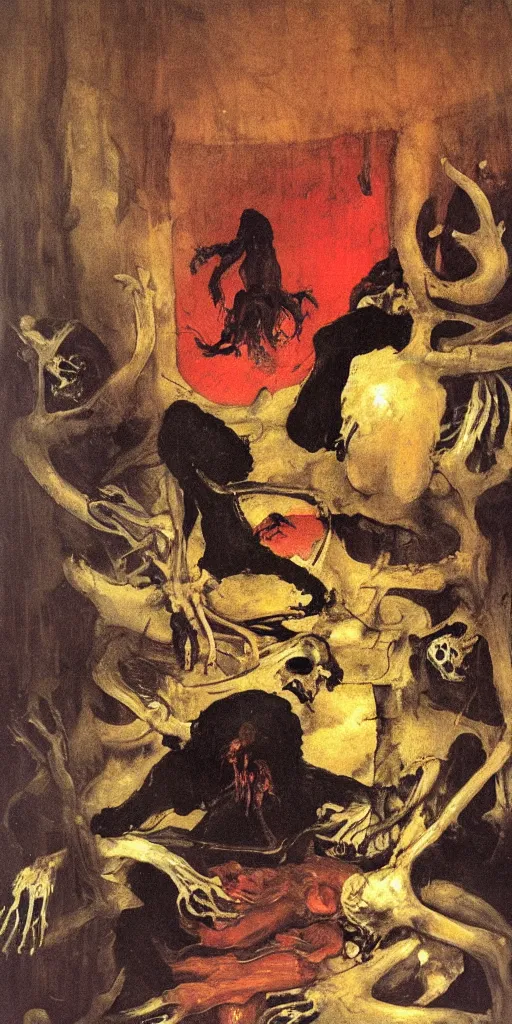 Prompt: dark fleshy figure with fungi growing seated next to another dark figure laughing in a messy living room by Francisco Goya and Francis Bacon, vibrant red background, mythological painting, oil painting, triadic color scheme, very coherent, Figure with mushrooms and fungi on them laughing seated on a throne made out of a bear skeleton inside interior room, Beksinski painting, masterpiece, artstation