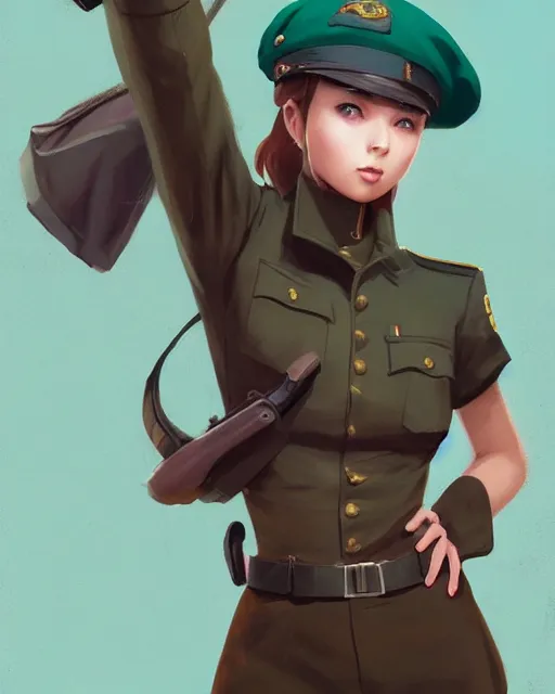 Image similar to young woman with shoulder length light brown hair and hazel eyes dressed in a sharp dark teal military uniform and beret, smiling, ilya kuvshinov, greg rutkowski, guweiz, ross tran, svetlana tigai, artgerm, loish, artstation trending, concept art, digital painting