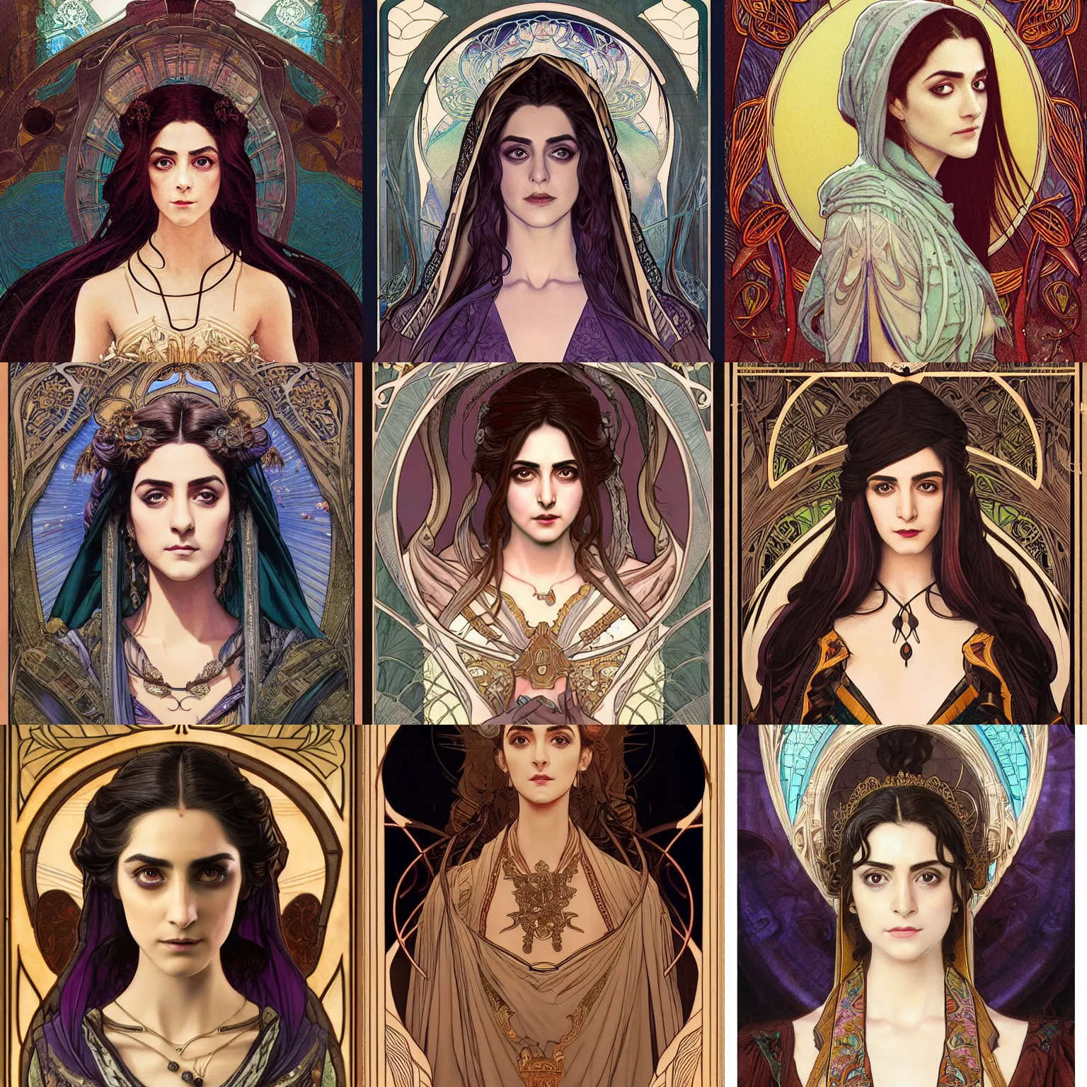 Prompt: masterpiece head-on symmetrical centered bust-view portrait, Maya Ali as D&D sorcerer, Art Nouveau style, wizard robe, fantasy, delicate, elegant, in the style of Greg Rutkowski and Moebius and Mohrbacher and ROSSDRAWS and Ross Tran and Alphonse Mucha and Ayami Kojima and Charlie Bowater and Jean Delville, Pixar, Maya engine, splash comics, tarot card style, Art Nouveau, rich bright colours