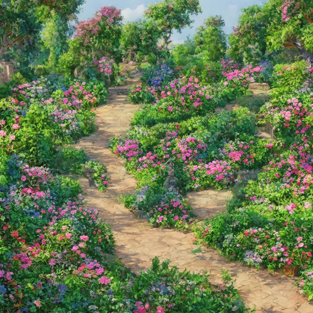 Prompt: A beautiful french garden, very detailed and perfectly readable fine and soft relevant outlines soft edges painting by beautiful walt disney animation films of the late 1990s, nice lighting, perfect readability, UHD upscale