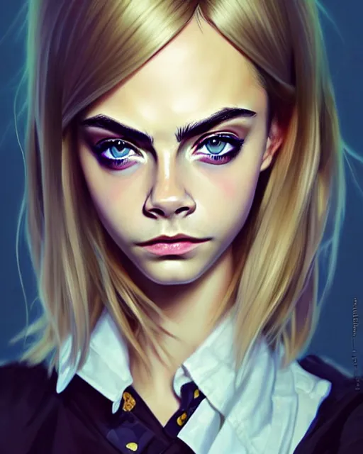 Image similar to portrait of Cara Delevingne as Anime girl cute-fine-face, full body! pretty face, realistic shaded Perfect face, fine details. Anime. realistic shaded lighting by Ilya Kuvshinov Giuseppe Dangelico Pino and Michael Garmash and Rob Rey