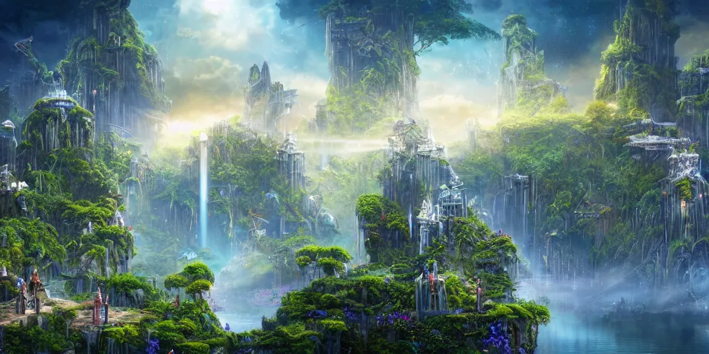 Image similar to balanced masterpiece, fairytale, futuristic city, industrial lake, monolithic temple, interstellar infinity portal, rainforest mountains, lush plants flowers, epic natural light, bright clouds, luminous sky, outer worlds, bright cinematic lighting, edmund evans, michael cheval, michael whelan, airbrush digital nouveau oil painting, vray, 8 k hd