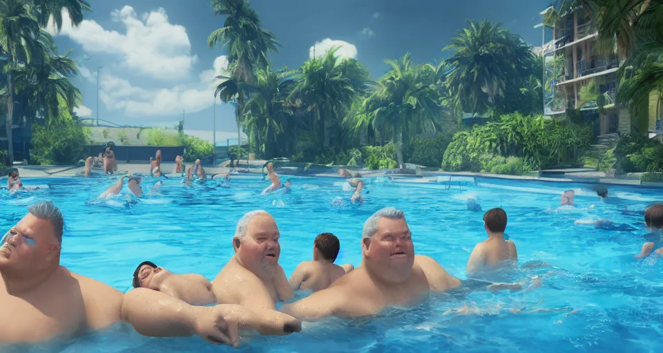 Image similar to digital art painting of exactly three adult brothers and their slightly overweight older father in a swimming pool , unreal 5, DAZ, hyperrealistic, octane render, volumetric clouds dynamic lighting