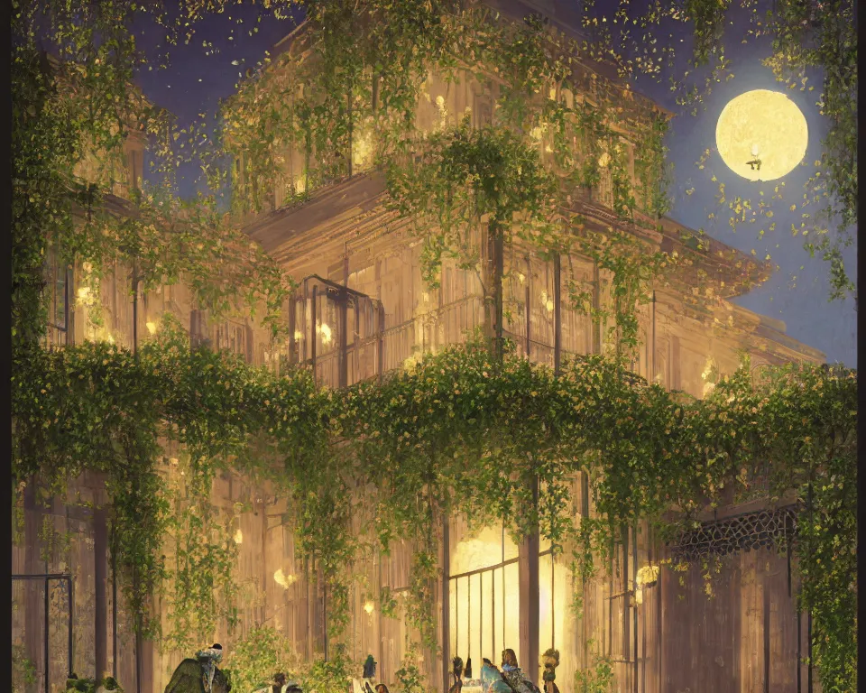 Image similar to an achingly beautiful print of lunar four seasons hotel, lit by glowing wrought-iron lanterns and overgrown with flowering ivy, on the Sea of Tranquility by Raphael, Hopper, and Rene Magritte. detailed, romantic, enchanting, trending on artstation.