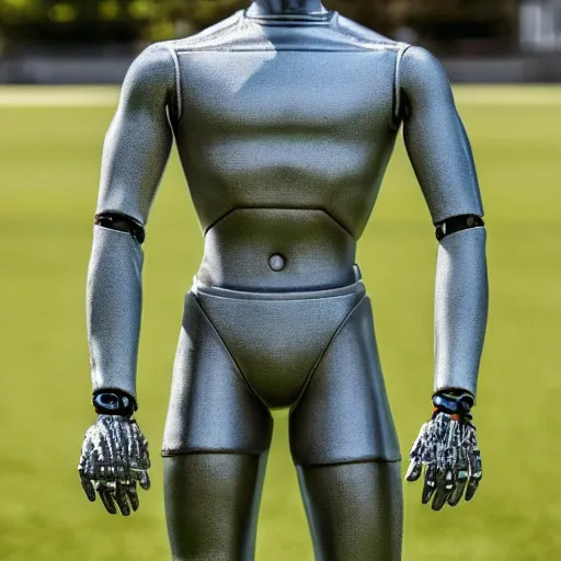 Image similar to a realistic detailed photo of a guy who is an attractive humanoid who is half robot and half humanoid, who is a male android, soccer player martin ødegaard, shiny skin, posing like a statue, blank stare, by the pool, on display, showing off his muscles, humanoid robot, frozen ice statue