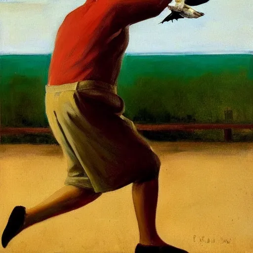 Prompt: a painting of a bird flying away, a big man is holding him back by its foot, in the style of hopper