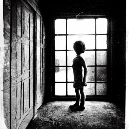 Prompt: creepy child standing behind a window of an old villa. 1 9 2 0 s black and white photo. wide shot. eerie, foggy.