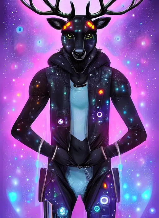 Prompt: award winning beautiful portrait commission of a male furry anthro Black Reindeer cyberpunk fursona with a tail, wings, wings, wings and a cute beautiful attractive detailed furry face wearing stylish black and rainbow galaxy clothes, outline, in a cyberpunk city at night while it rains. Character design by charlie bowater, ross tran, artgerm, and makoto shinkai, detailed, inked, western comic book art