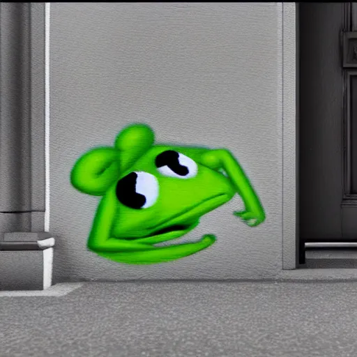 Image similar to street graffiti of kermit the frog sleeping in the doorway of an oppressive evil building. octane render 4 k
