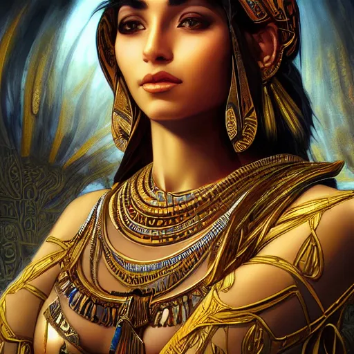 Image similar to Egyptian god Isis, hyperdetailed, artstation, cgsociety, fantasy, intricate, elegant, highly detailed, digital painting, artstation, concept art, smooth, sharp focus, illustration, art by artgerm and H R Giger and alphonse mucha