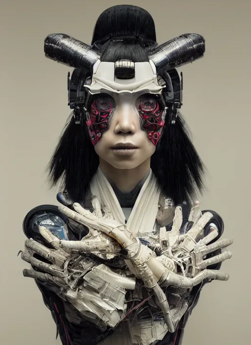 Image similar to portrait of a futuristic geisha cyborg, in the style of ghost in the shell, kintsugi, modern fine art, fractal, intricate, elegant, highly detailed, digital photography, subsurface scattering, by erwin olaf and greg rutkowski,