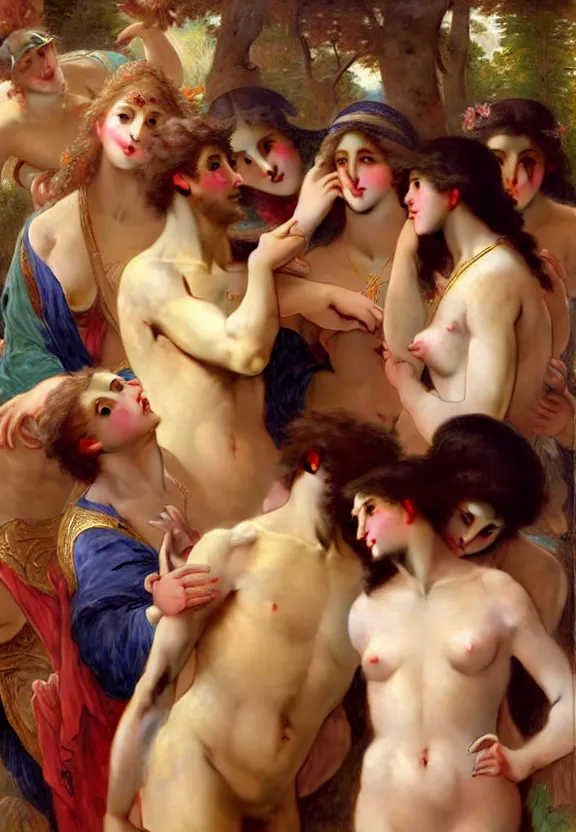 Image similar to attractive handsome fully clothed man confesses his love to a harem of beautiful women. centered composition. highly detailed painting by gaston bussiere and j. c. leyendecker and william adolphe bouguereau and fra angelico and octane render, musee d'orsay 8 k