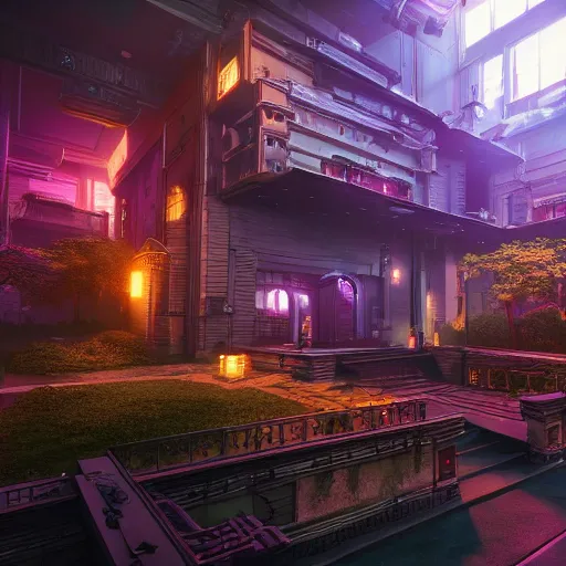 Image similar to A photograph of a cyberpunk mansion set in a cyberpunk utopia. Highly detailed, 8k wallpaper, HDR, concept art, unreal engine 5, 4k, 8k, ray tracing, bloom, lens flare